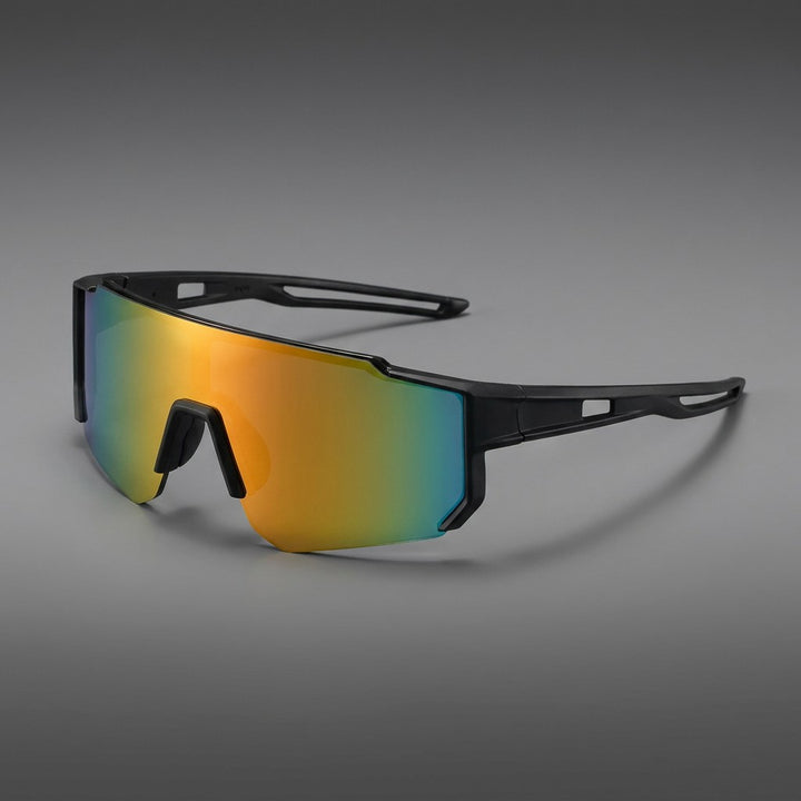 Tellaro Shield Sunglasses — Black / Fire Mirror, three-quarter front view on a grey studio gradient
