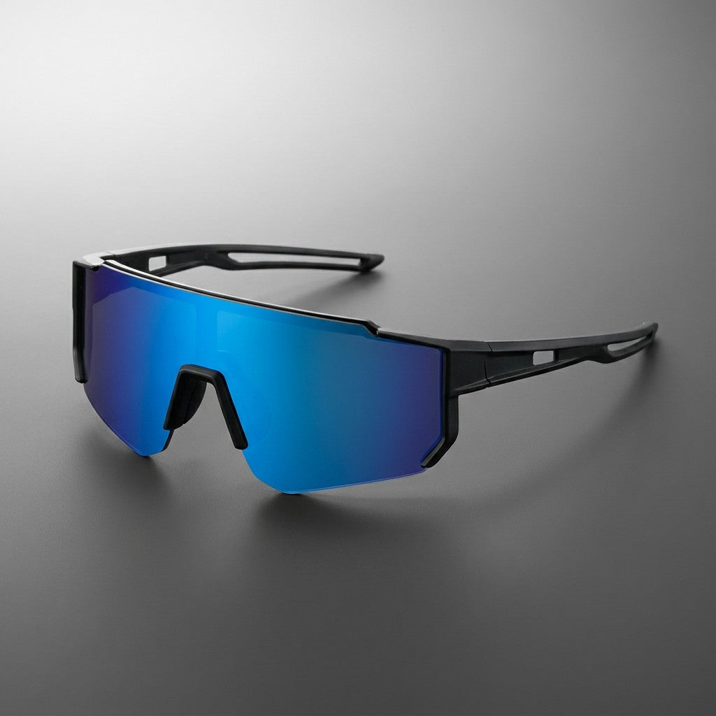 Tellaro Shield Sunglasses — Black / Ice Blue Mirror, three-quarter front view on a grey studio gradient
