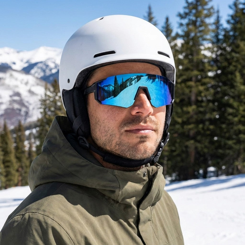 Tellaro Shield Sunglasses — Black / Ice Blue Mirror, worn by a man in a helmet snowboarding a sunny spring slope in Vail