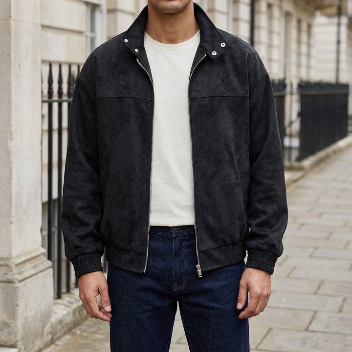 Orta Faux-Suede Jacket — Black, worn front view