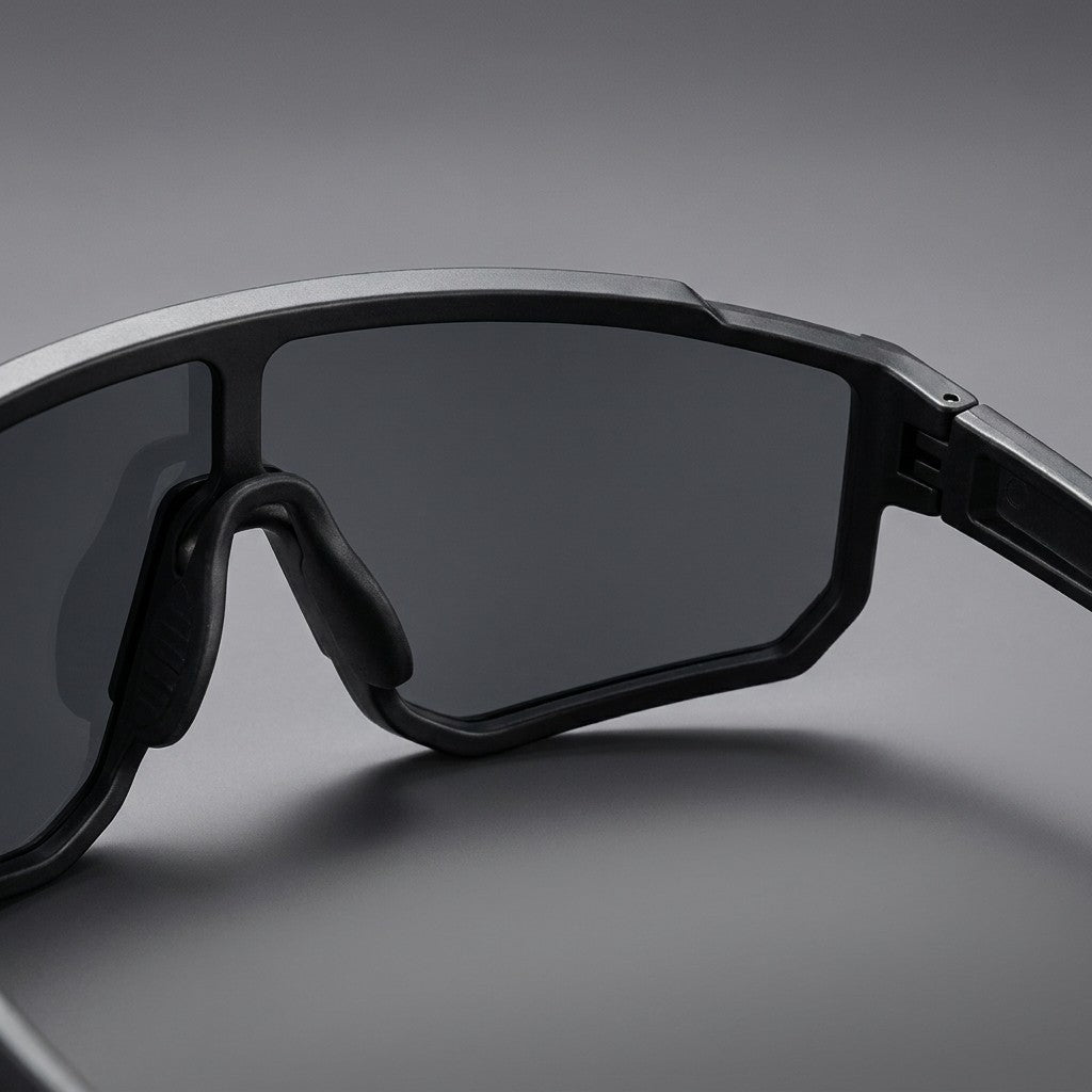Tellaro Shield Sunglasses — Black / Smoke, close-up of the nose bridge and lens corner