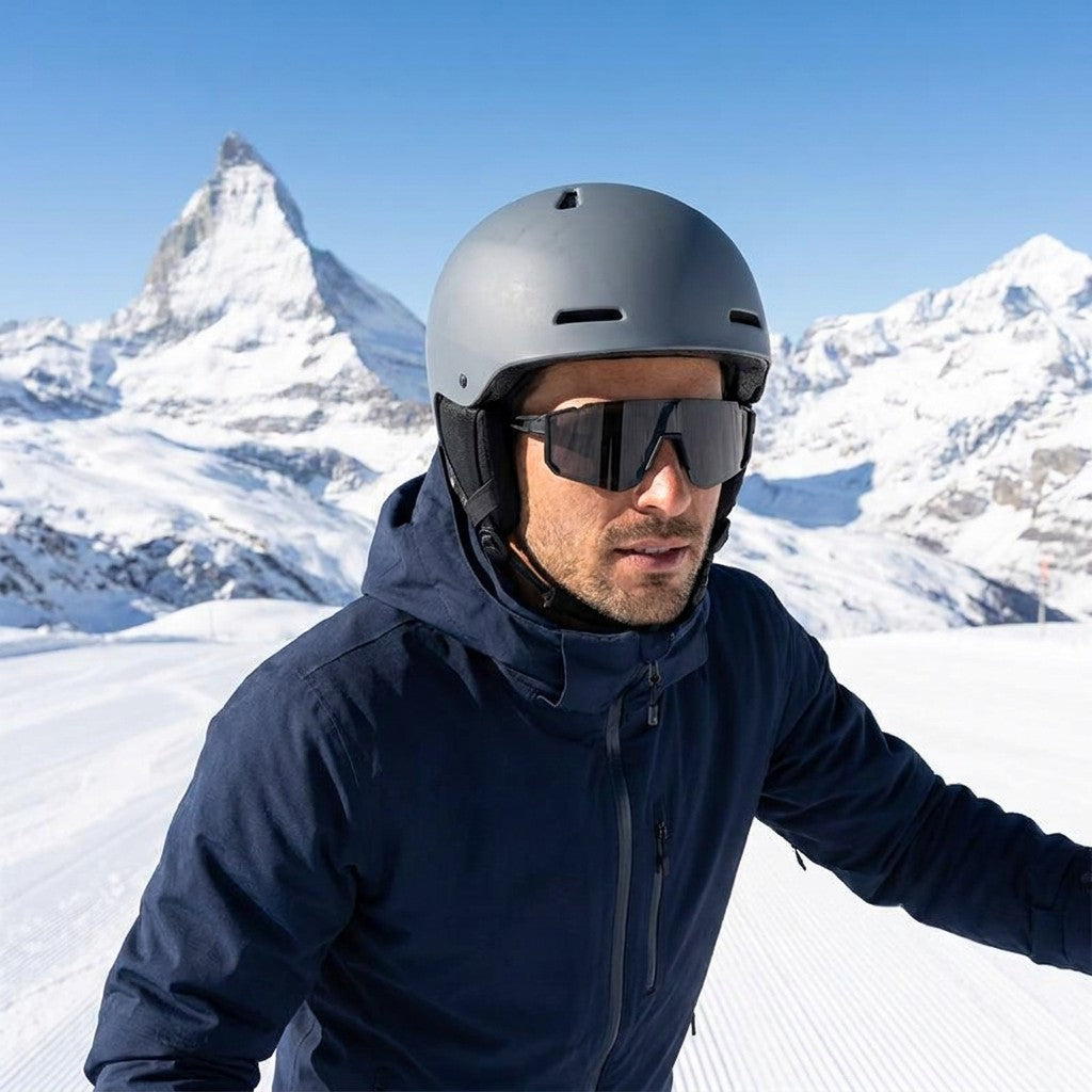 Tellaro Shield Sunglasses — Black / Smoke, worn by a man in a helmet skiing a sunny groomed slope in Zermatt
