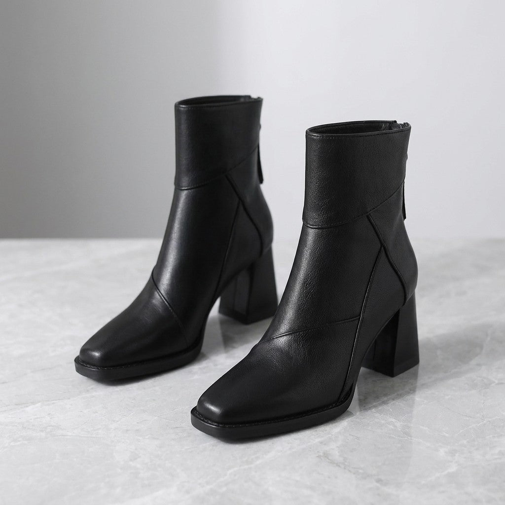 Bormio Paneled Ankle Boots — Black, pair of boots, three-quarter view on light grey marble