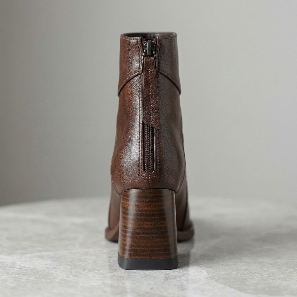 Bormio Paneled Ankle Boots — Brown, close-up from behind of the centered back zip and stacked block heel