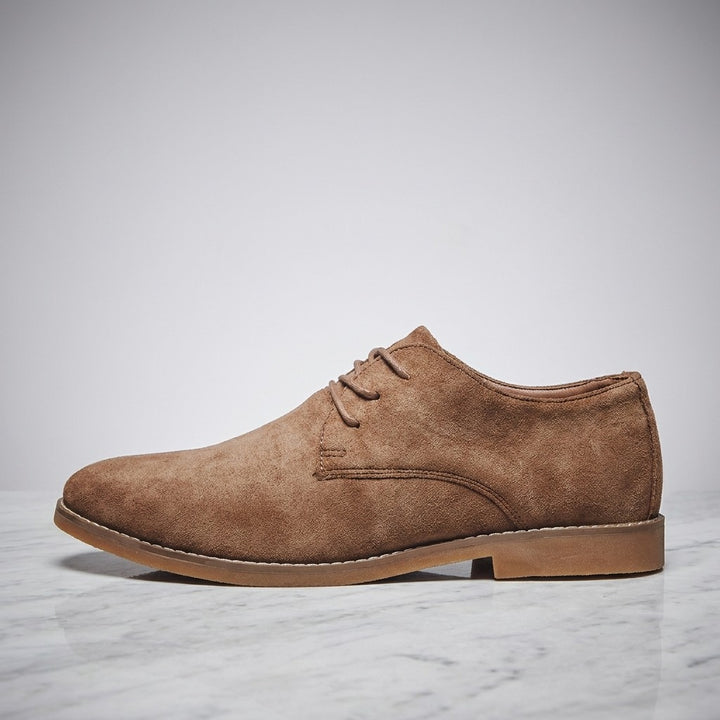 Bari Suede Oxfords — Brown, side profile on marble
