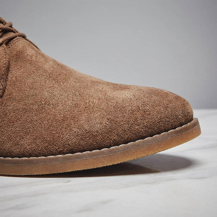 Bari Suede Oxfords — Brown, construction detail crop