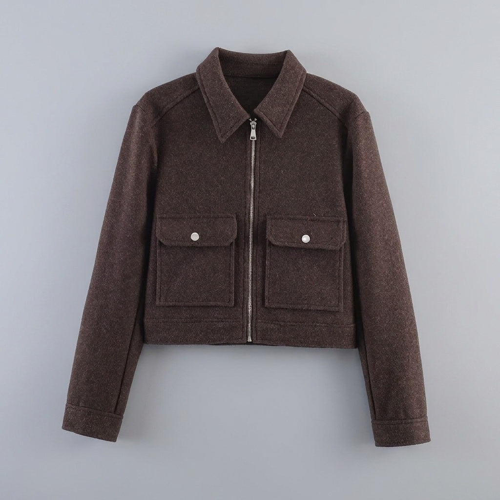 Udine Cropped Jacket — Brown, flat lay front on grey seamless