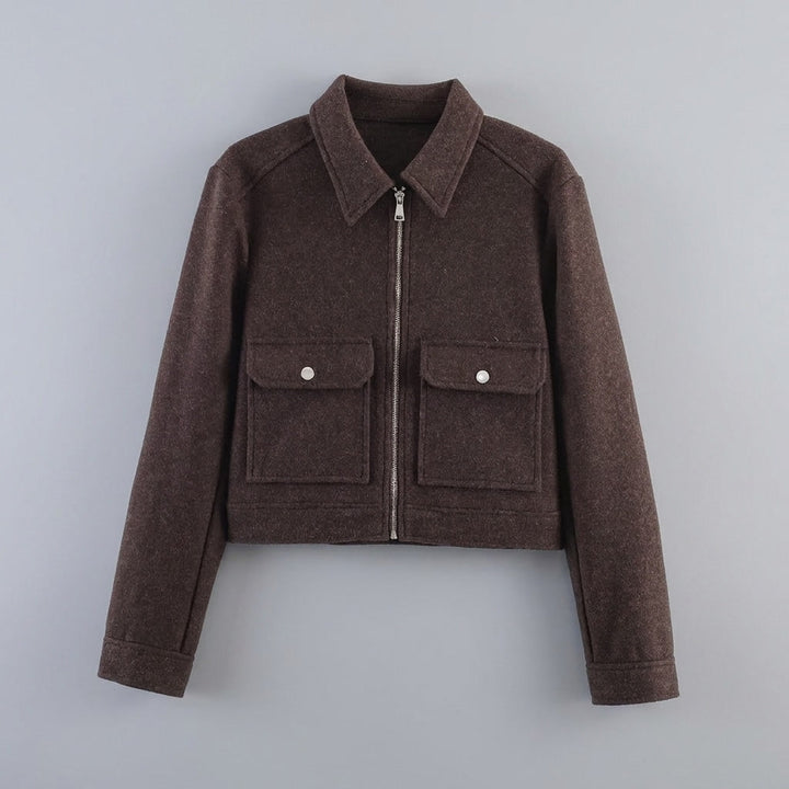 Udine Cropped Jacket — Brown, flat lay front on grey seamless