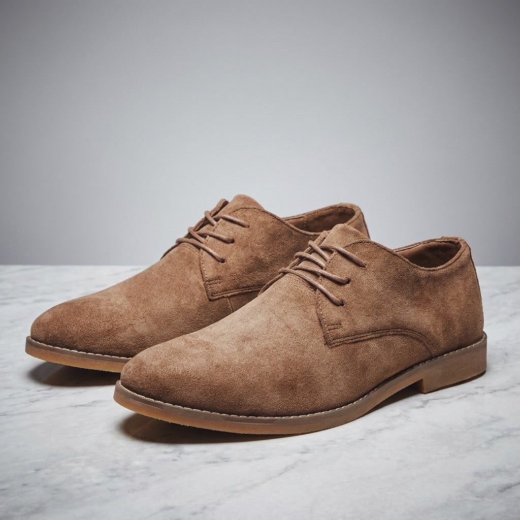 Bari Suede Oxfords — Brown, pair on marble