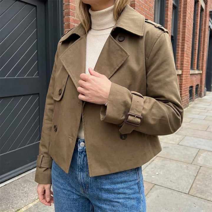 Spezia Cropped Trench — Brown, lifestyle worn detail