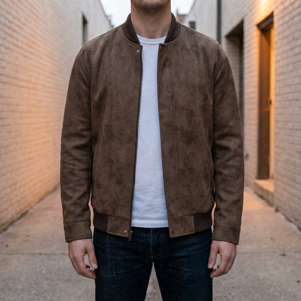 Coleman Bomber Jacket — Brown, lifestyle close crop on model