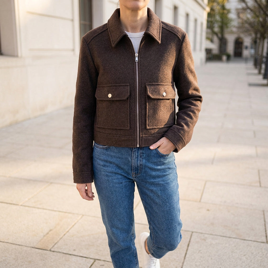 Udine Cropped Jacket — Brown, lifestyle close crop on model