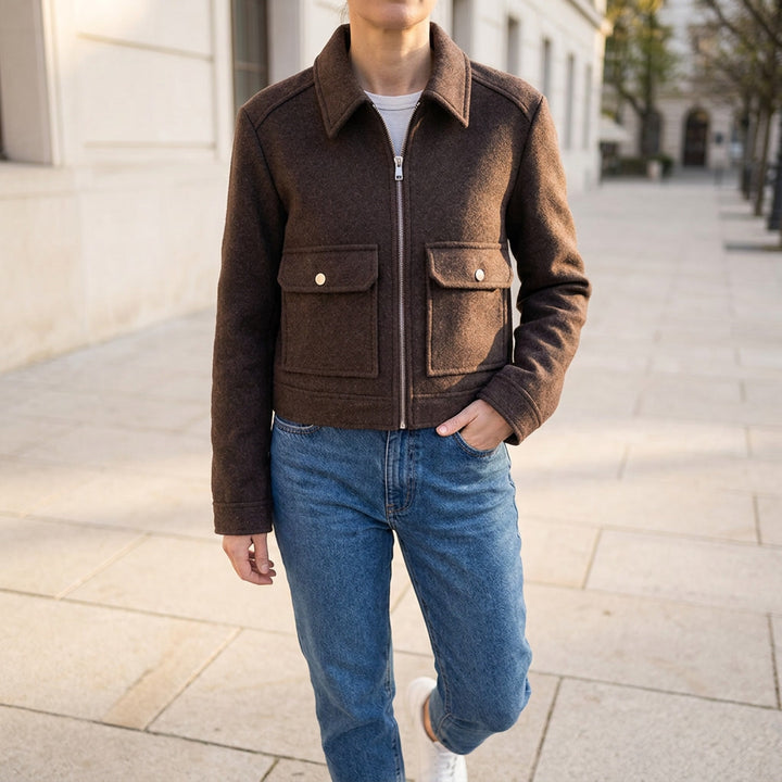 Udine Cropped Jacket — Brown, lifestyle close crop on model