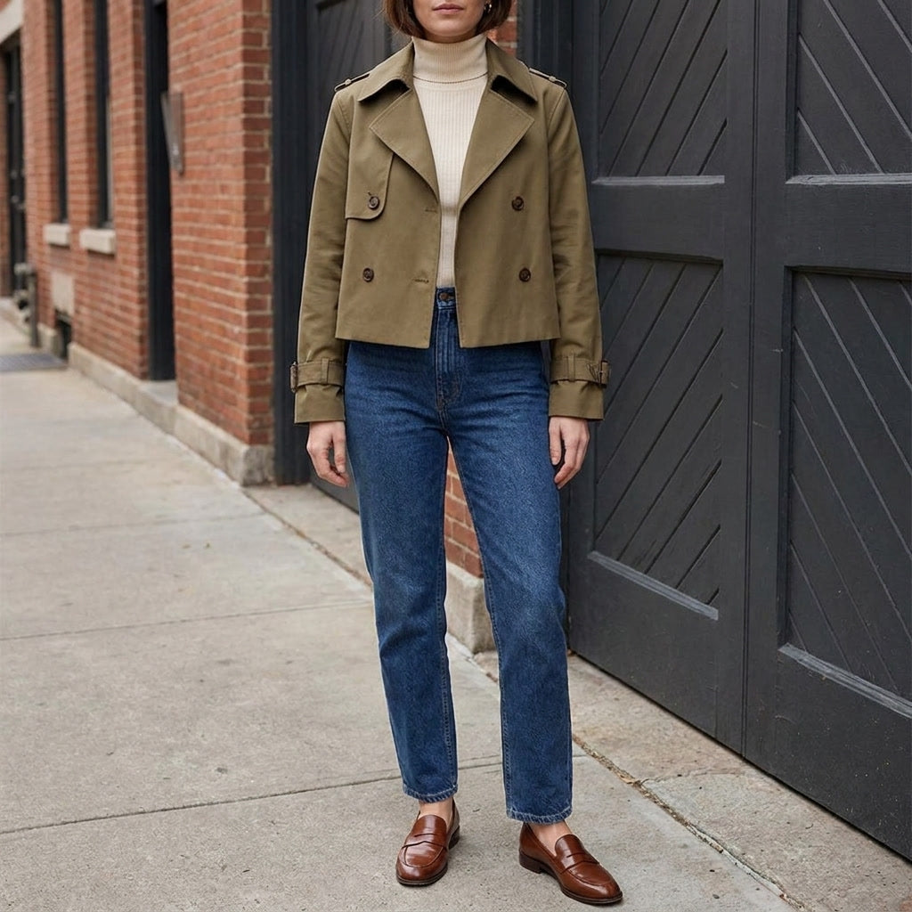 Spezia Cropped Trench — Brown, lifestyle close crop