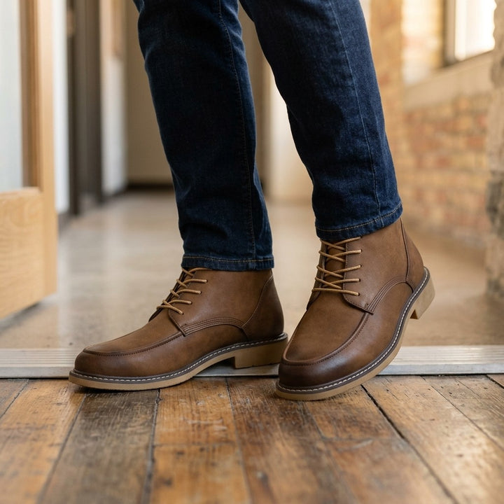 Belluno Leather Boots — Brown, on model at office threshold