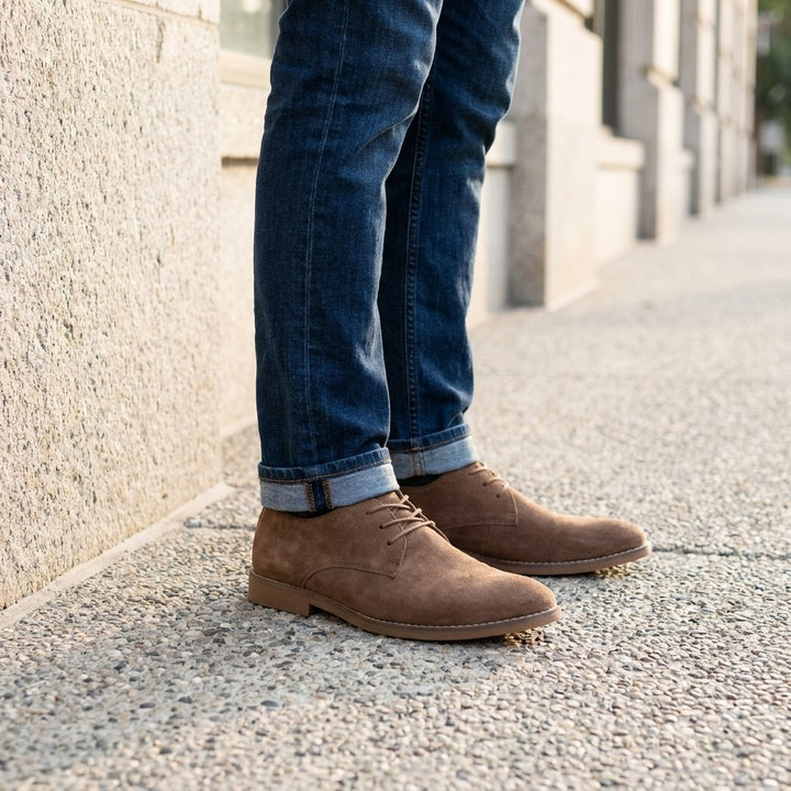 Bari Suede Oxfords — Brown, on-model office sidewalk lifestyle