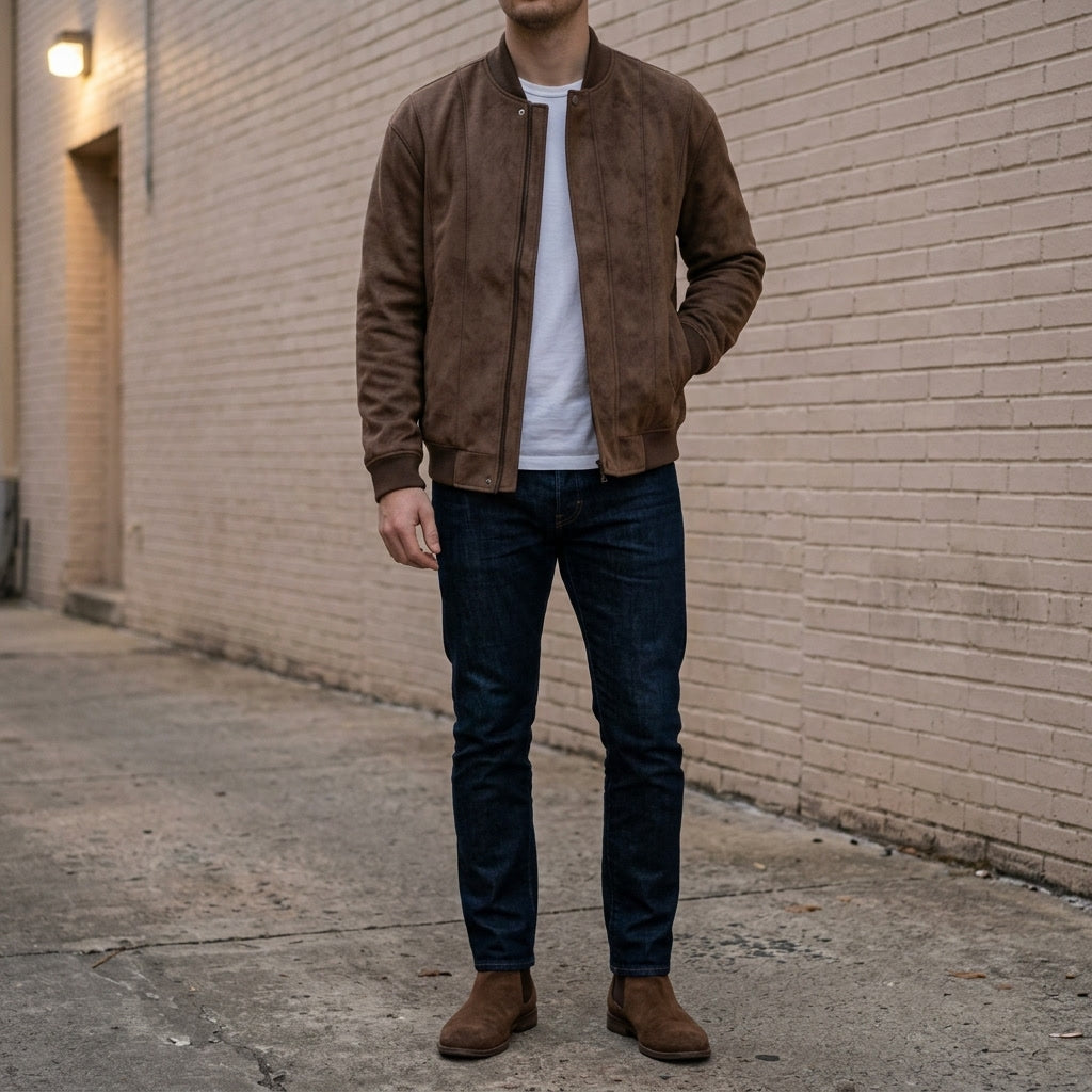 Coleman Bomber Jacket — Brown, lifestyle full outfit