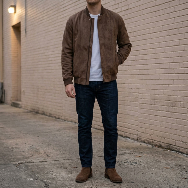 Coleman Bomber Jacket — Brown, lifestyle full outfit