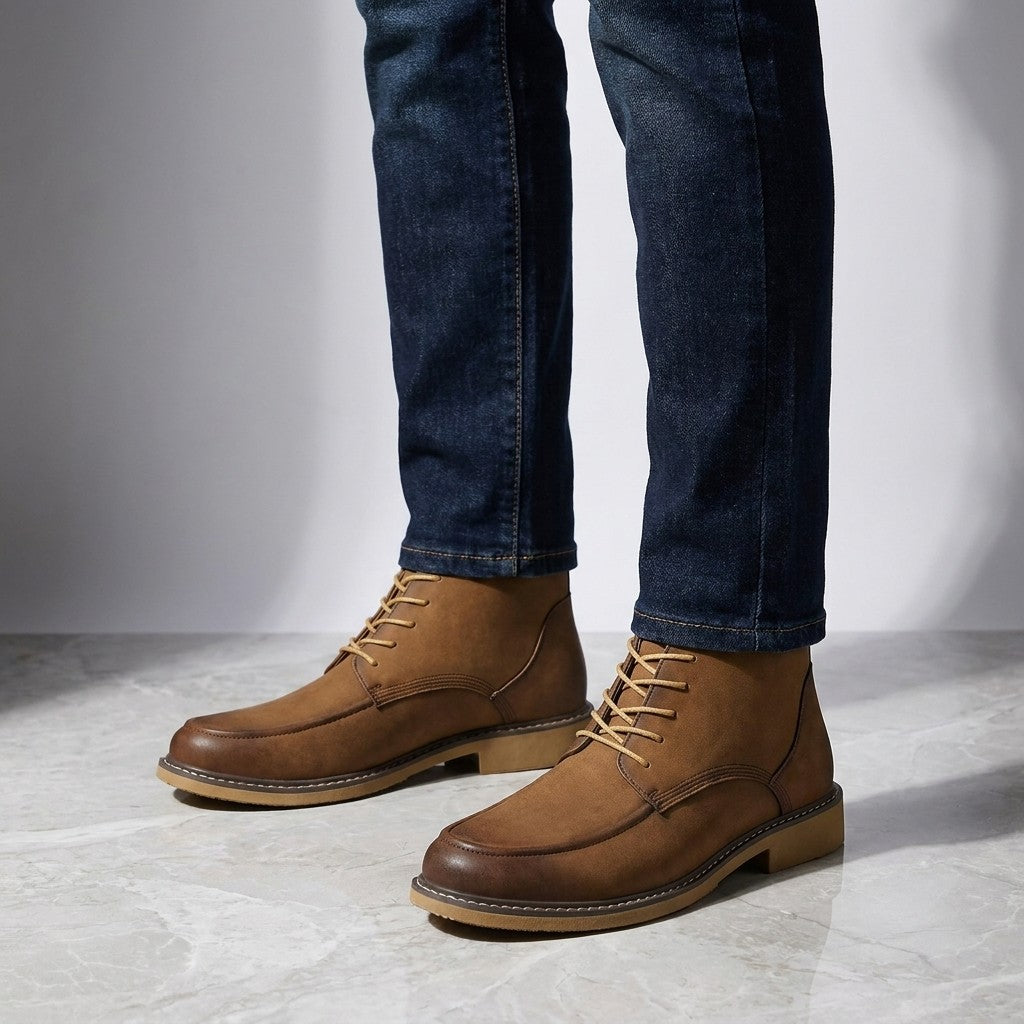 Belluno Leather Boots — Brown, on model knee-down studio