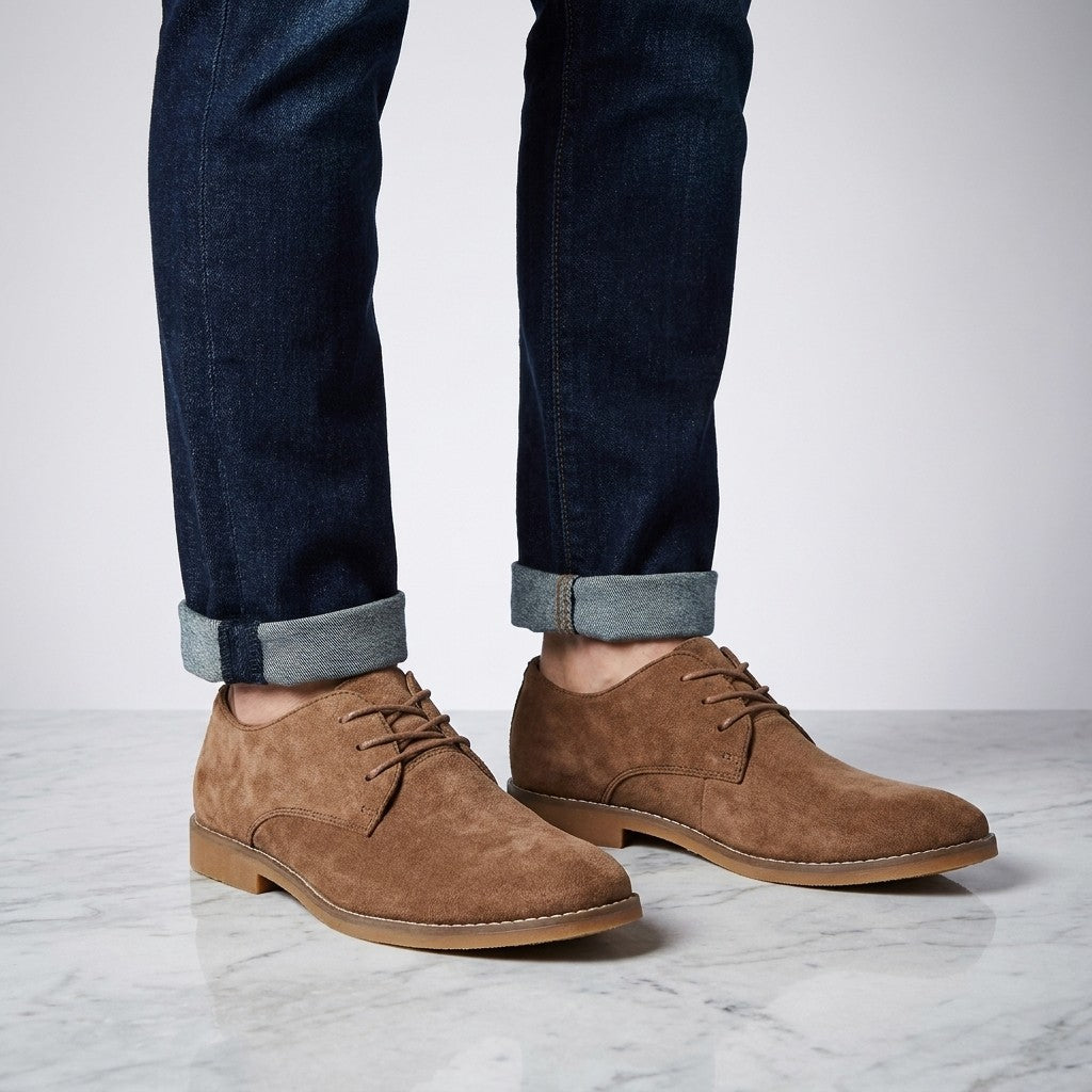 Bari Suede Oxfords — Brown, on-model knee-down studio
