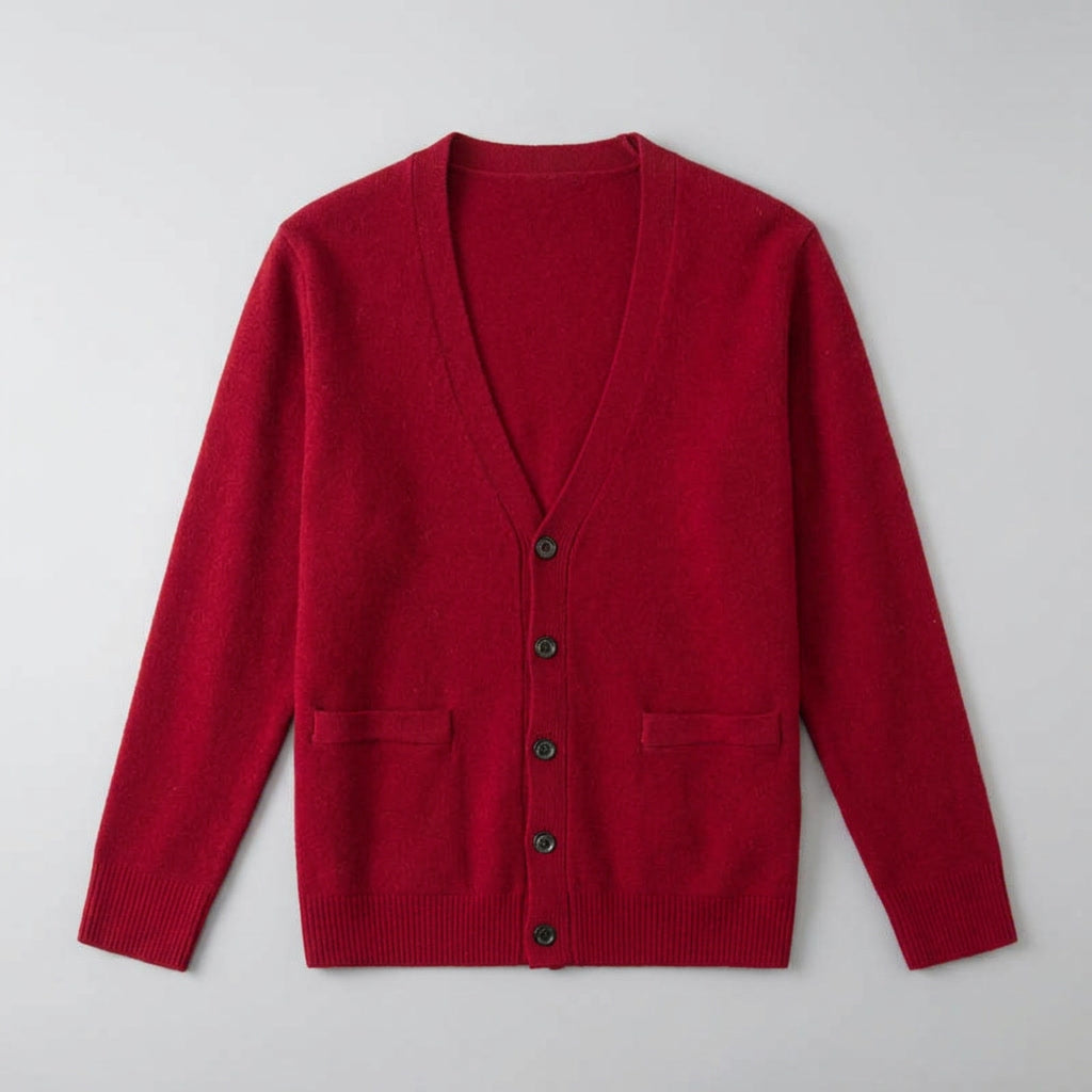 Foligno Wool Cardigan — Burgundy, flat lay front