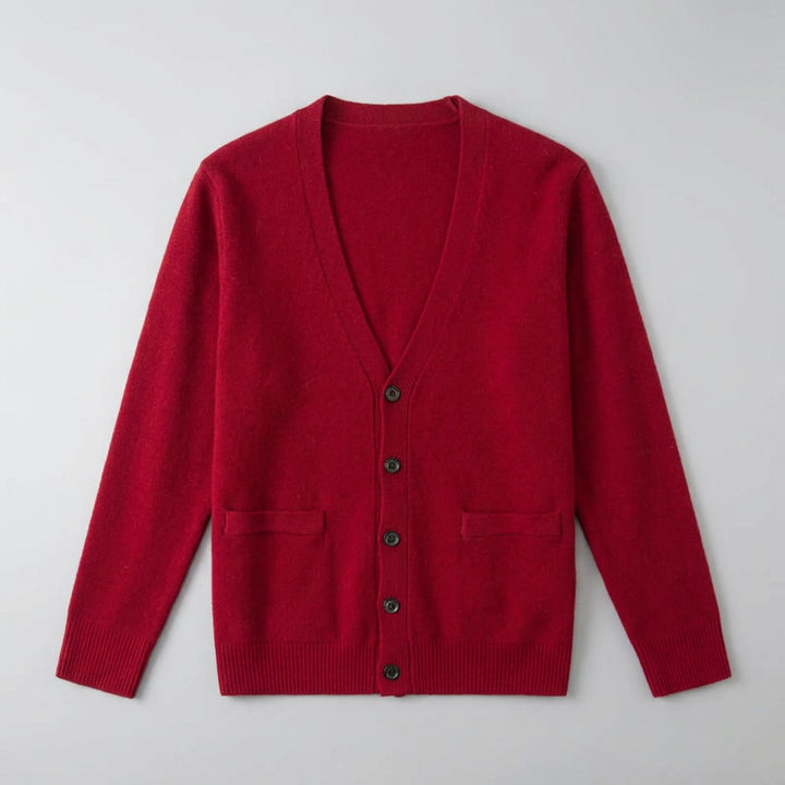 Foligno Wool Cardigan — Burgundy, flat lay front