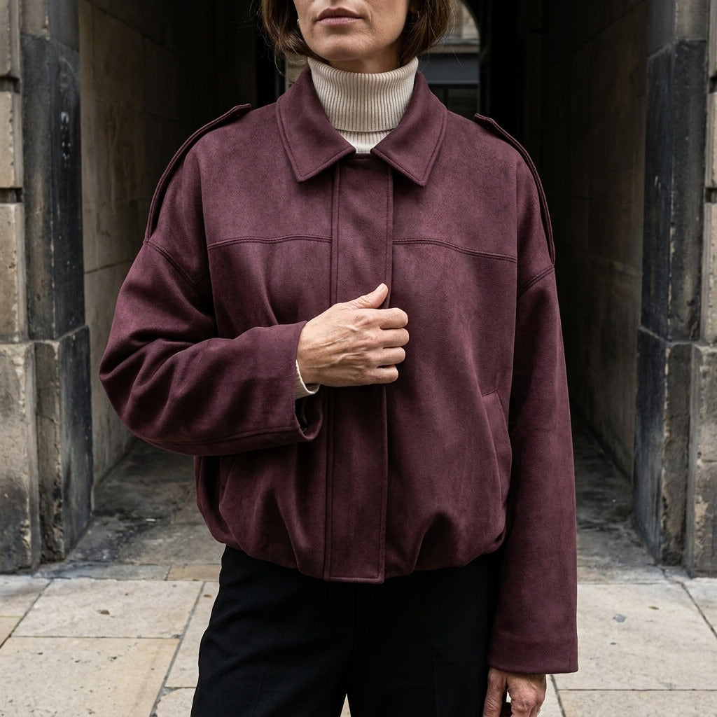 Ancona Suede Jacket — Burgundy, lifestyle detail