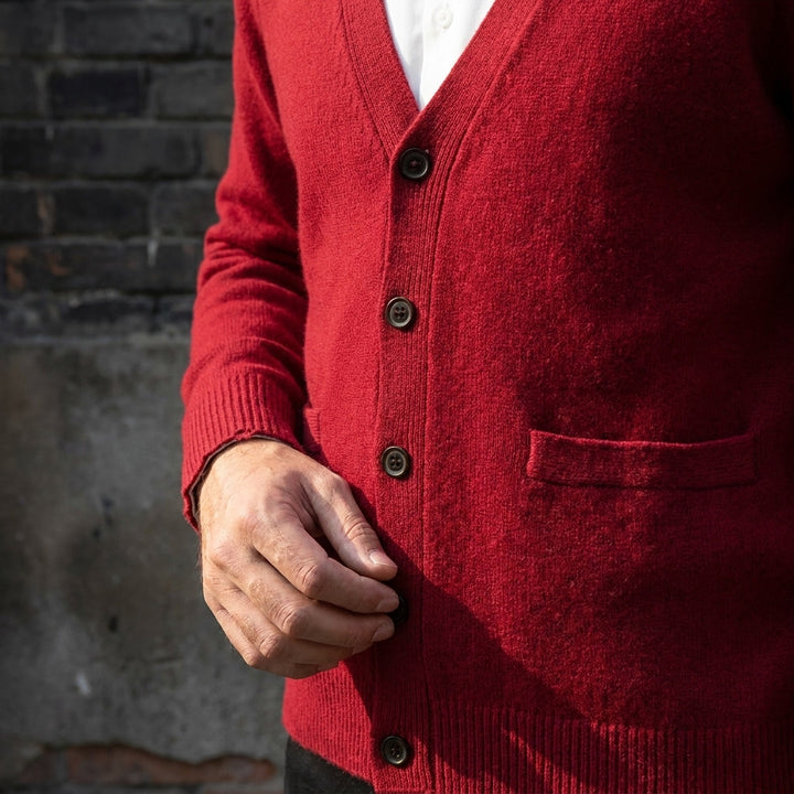 Foligno Wool Cardigan — Burgundy, lifestyle worn detail