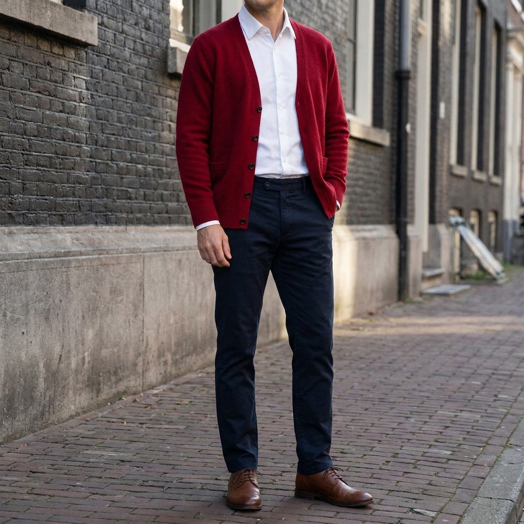Foligno Wool Cardigan — Burgundy, lifestyle full outfit