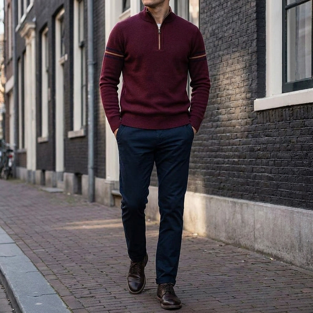Anzio Colorblock Sweater — Burgundy, lifestyle full outfit