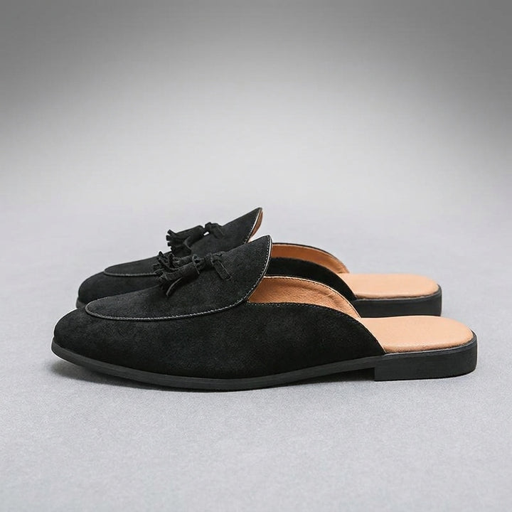 Vasto Suede Mules — Black, side profile, full silhouette toe to heel
