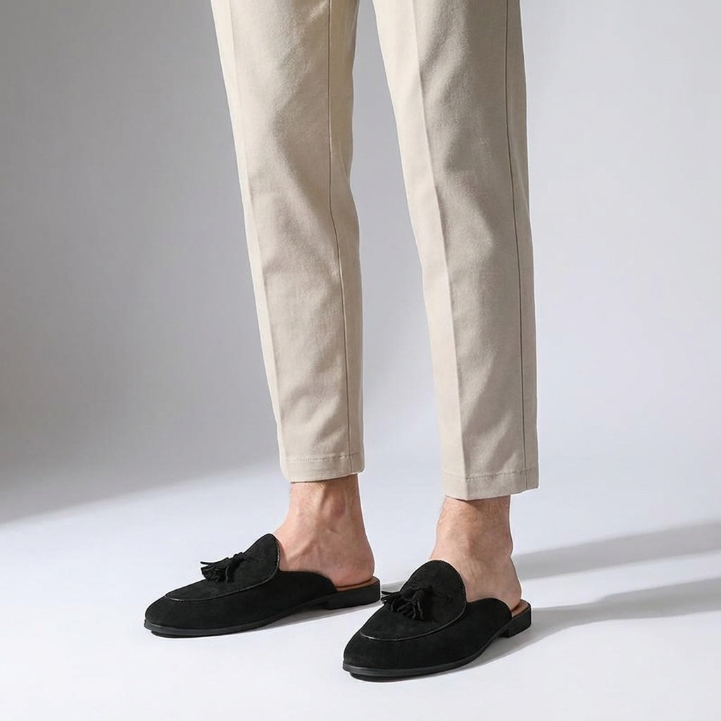 Vasto Suede Mules — Black, male model knee-down studio
