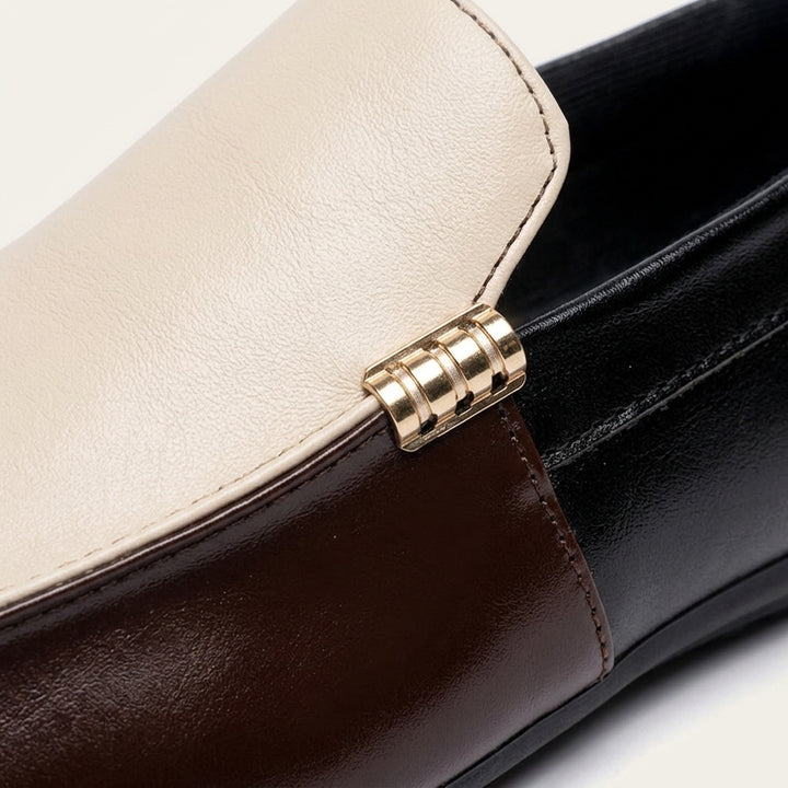 Faro Two-Tone Loafers — Cream &amp; Brown, gold vamp bar close-up