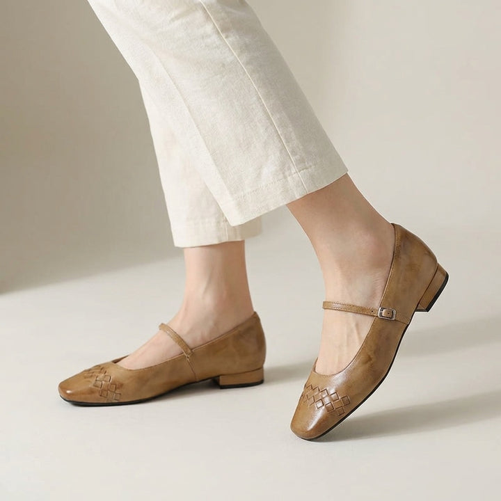 Ravenna Mary Janes — Tan, worn view in the studio, from the knee down