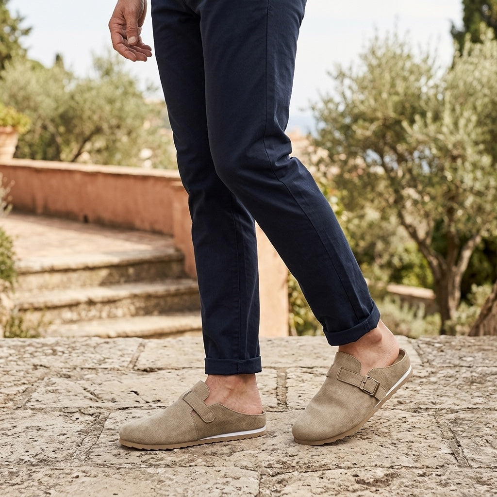Volterra Suede Mules — Sand, worn on model, garden terrace