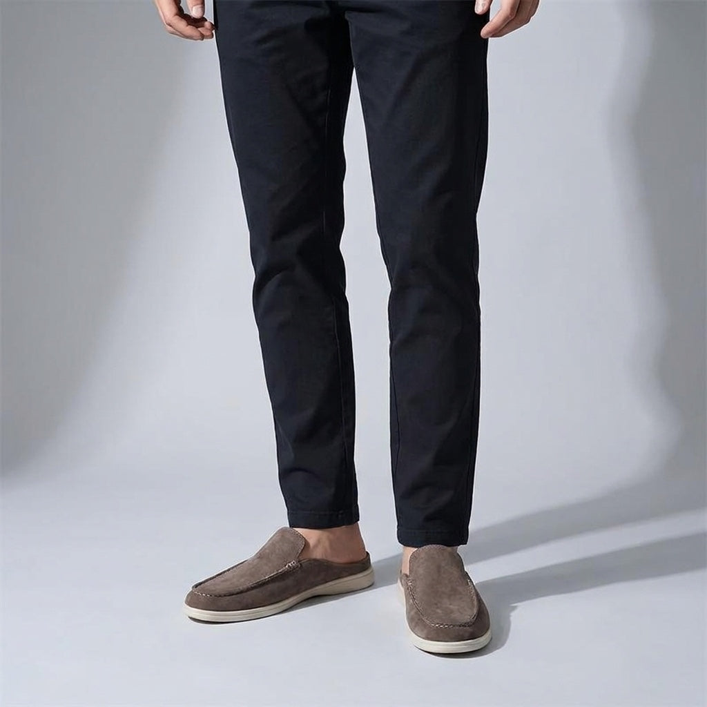 Dartmouth Suede Loafers — Brown, male model knee-down studio