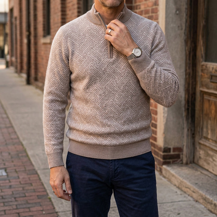 Biella Merino Sweater — Camel, lifestyle worn detail