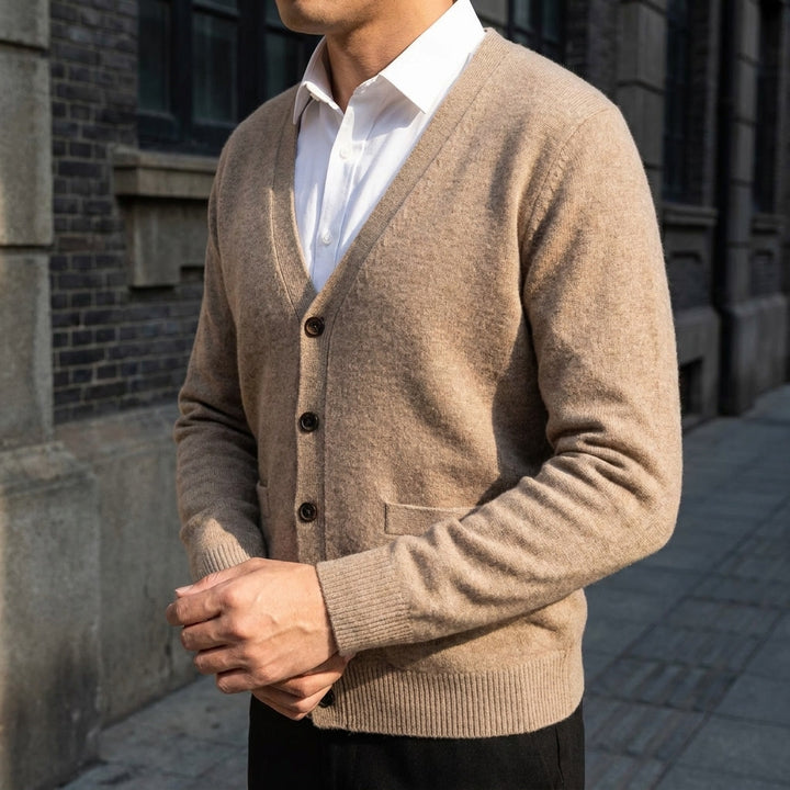 Foligno Wool Cardigan — Camel, lifestyle worn detail