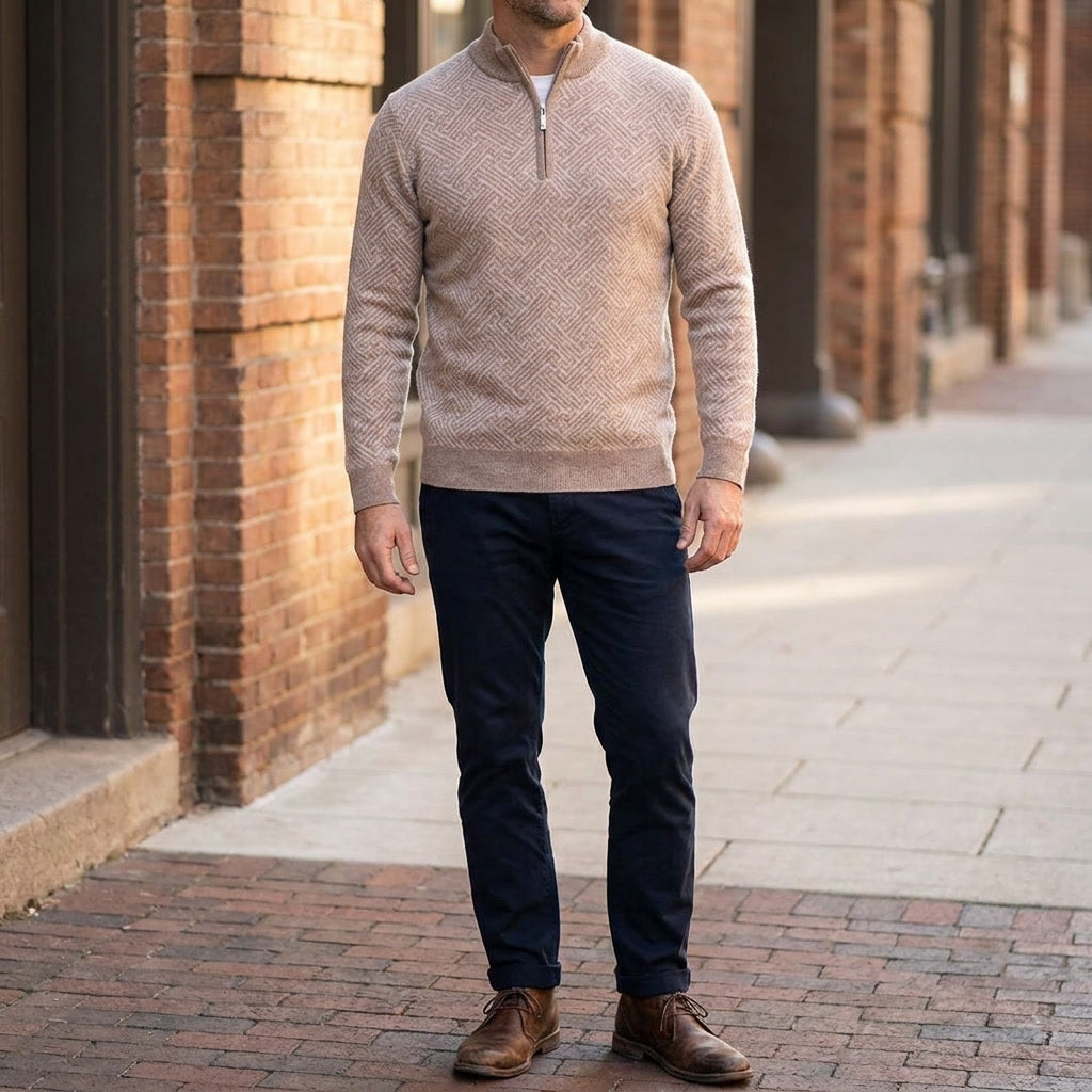 Biella Merino Sweater — Camel, lifestyle close crop on model