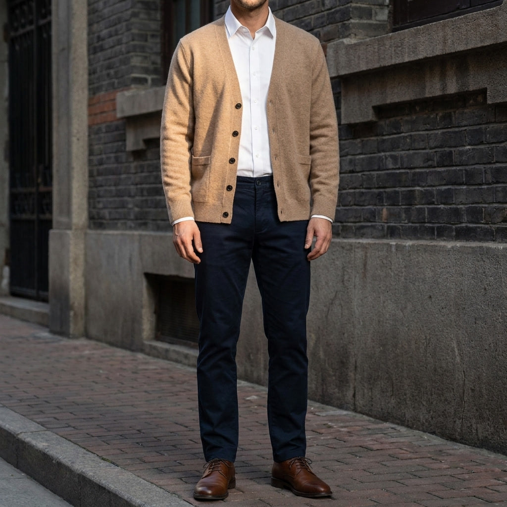 Foligno Wool Cardigan — Camel, lifestyle close crop