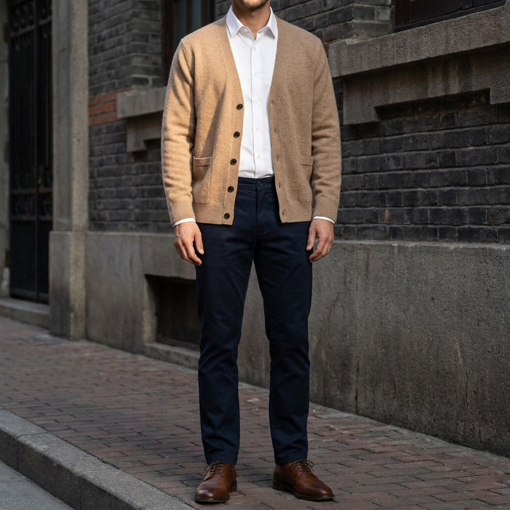 Foligno Wool Cardigan — Camel, lifestyle close crop