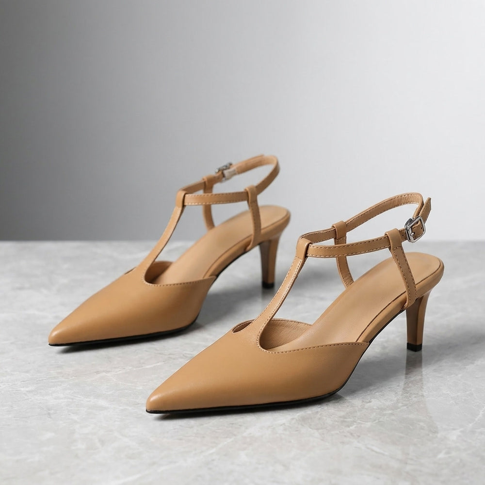 Genoa Pointed Sandals — Caramel, pair on marble