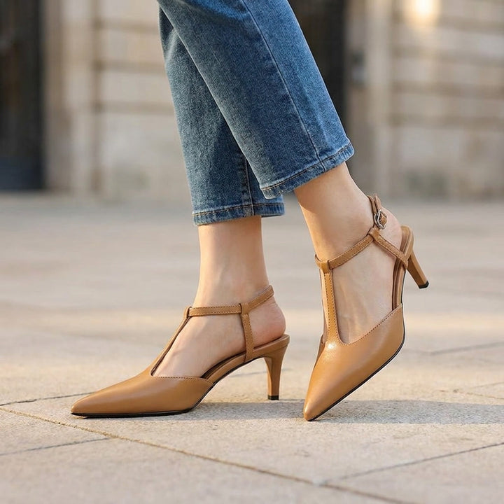 Genoa Pointed Sandals — Caramel, on model urban stone plaza