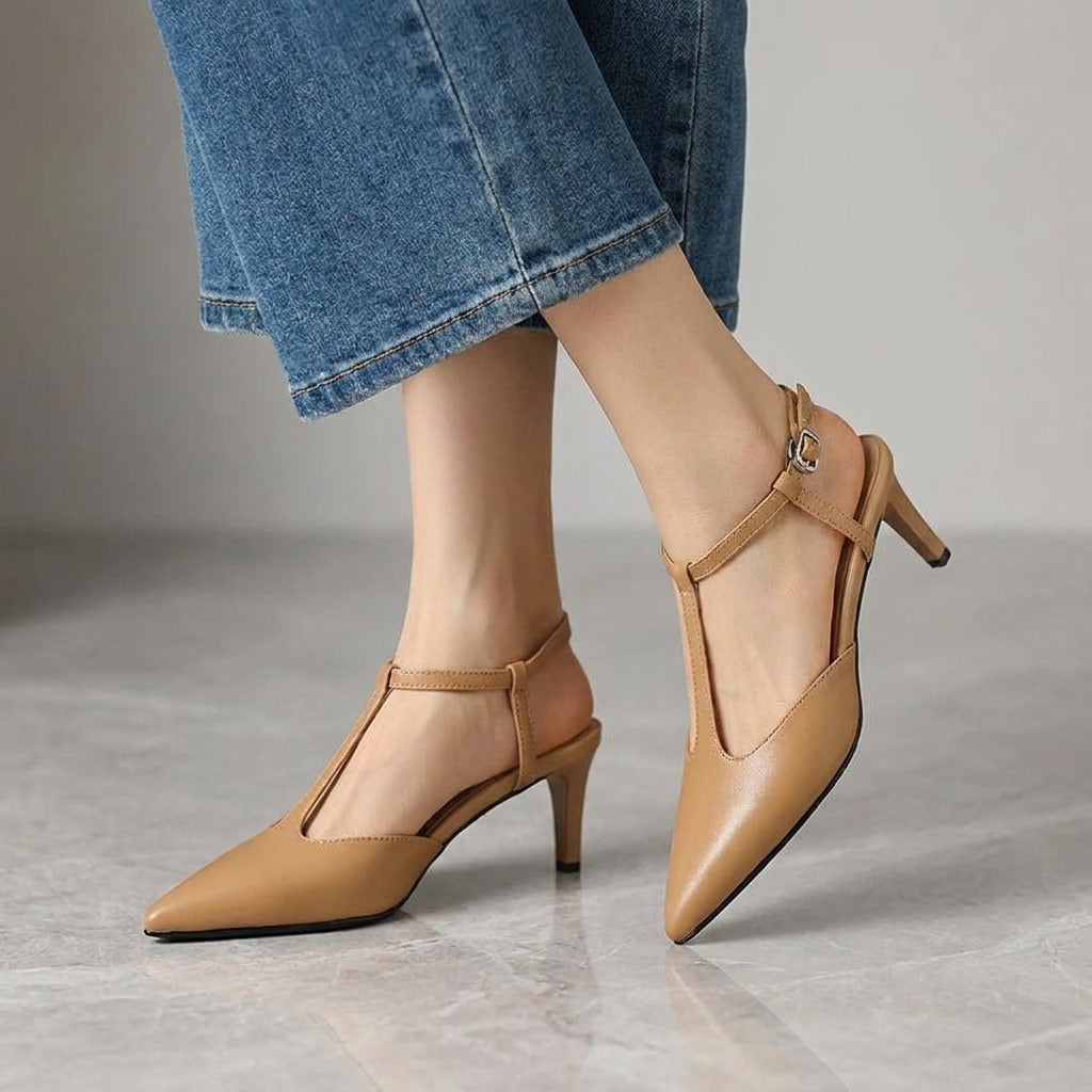 Genoa Pointed Sandals — Caramel, on model knee-down studio