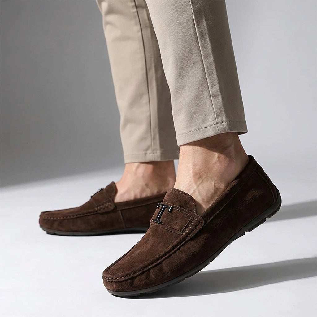 Zoagli Suede Loafers — Brown, male model knee-down studio