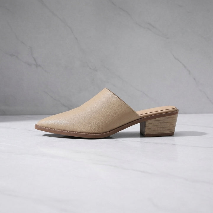 Lucera Leather Mules — Sand, side profile studio view
