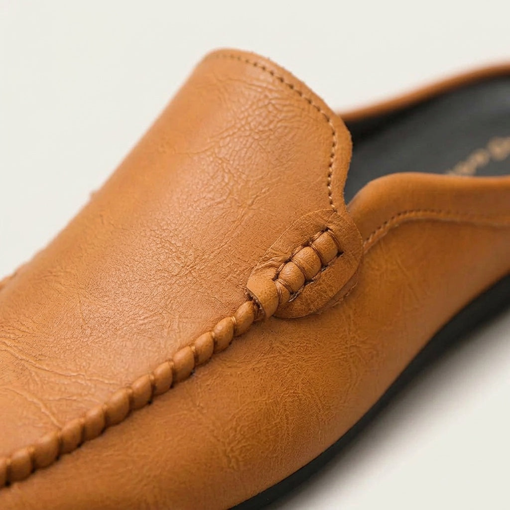 Vietri Leather Mules — Tan, close-up of braided cord vamp ornament