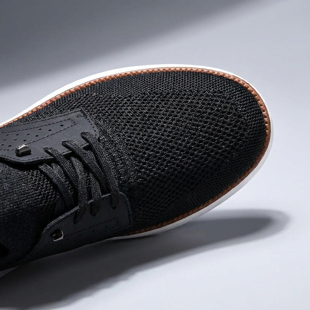 Savona Mesh Sneakers — Black, close material/construction view, studio backdrop