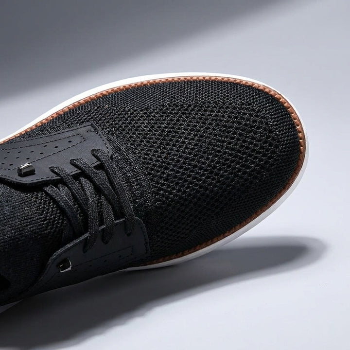 Savona Mesh Sneakers — Black, close material/construction view, studio backdrop