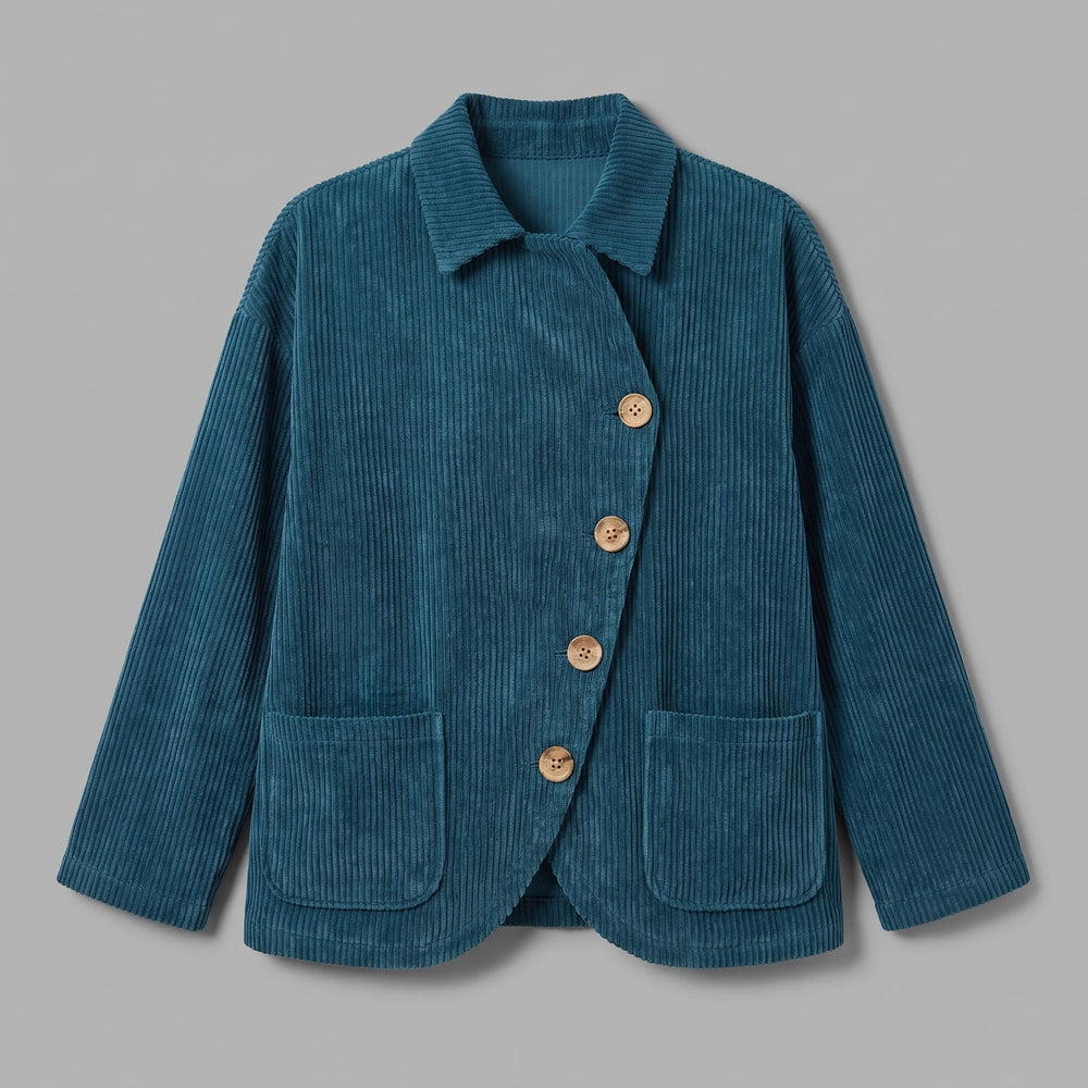 Cervinia Collared Jacket — Blue, jacket laid flat from the front on a grey seamless background, showing the single diagonal row of four buttons, turn-down collar and two lower patch pockets
